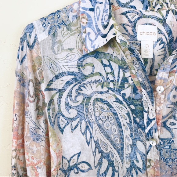CHICO’S Tab Sleeve Paisley Watercolor Blouse S - Picture 4 of 8
